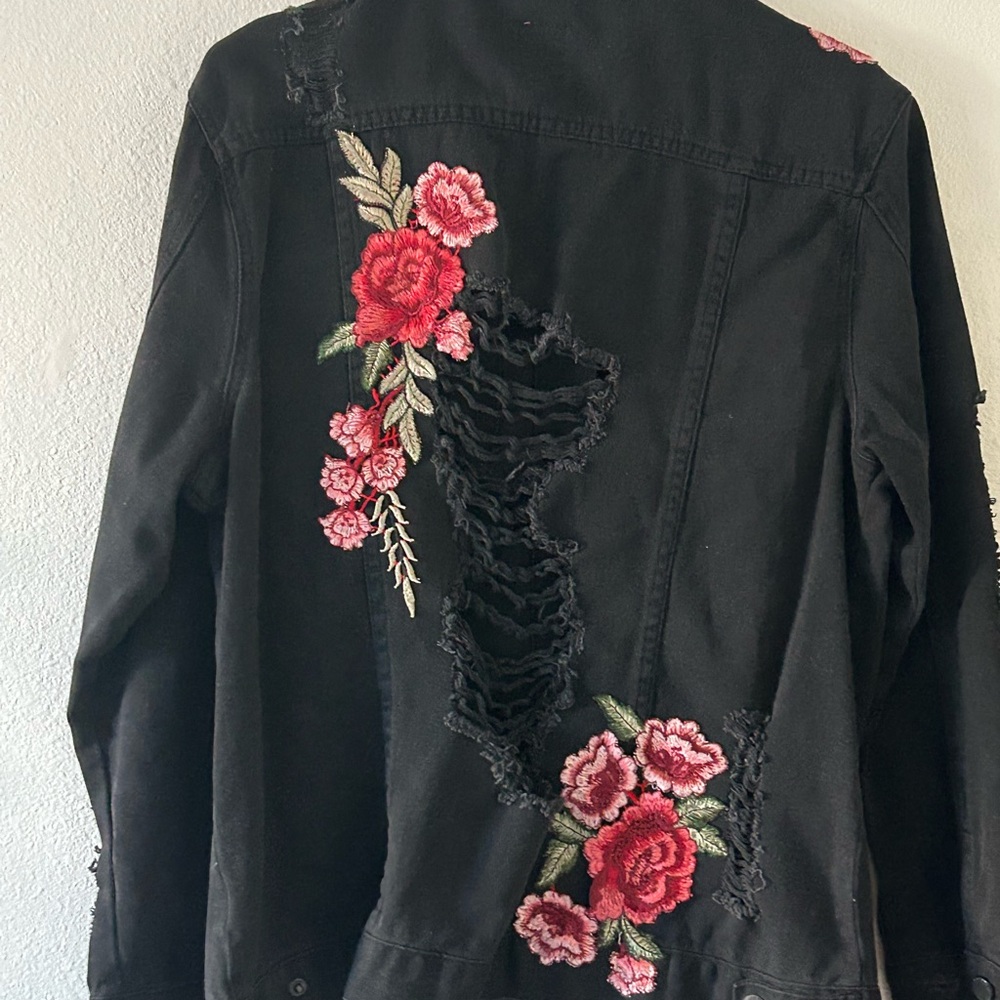 Floral Embroidered Black Denim Jacket